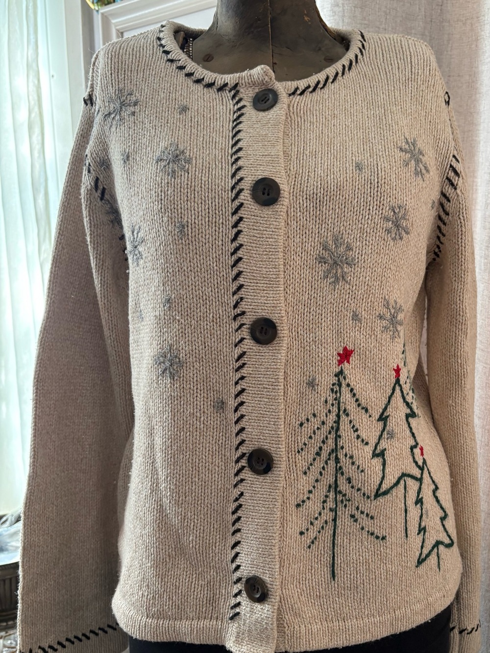 RUSS Liz Claiborne Christmas Tree Cardigan Silk Wool L